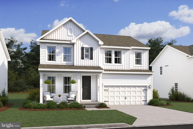 view of front of home with concrete driveway, covered porch, an attached garage, board and batten siding, and a front yard