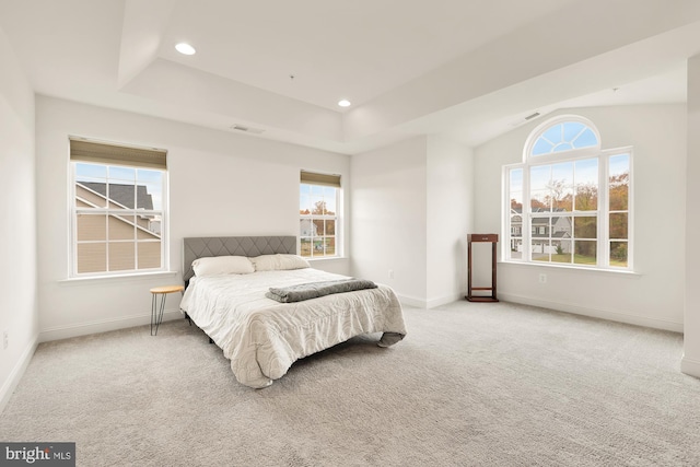 bedroom featuring carpet flooring, a raised ceiling, visible vents, and baseboards