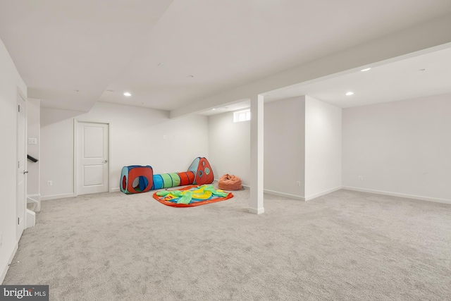 rec room with baseboards, carpet, and recessed lighting