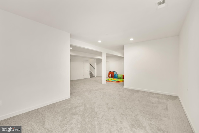 recreation room with recessed lighting, baseboards, visible vents, and carpet flooring