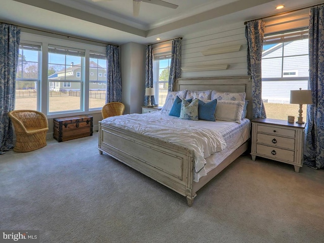 bedroom featuring carpet floors, a raised ceiling, and a ceiling fan