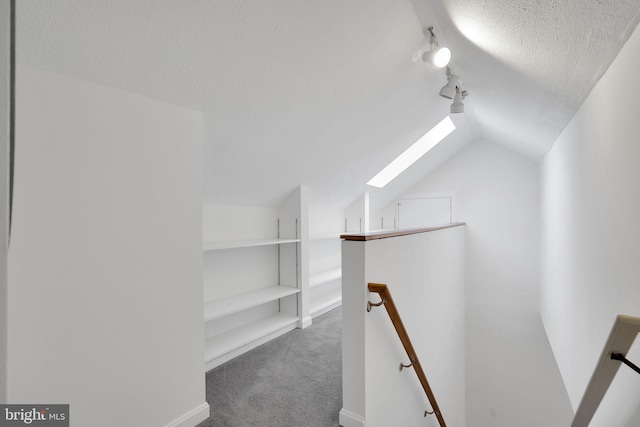 interior space featuring carpet floors, vaulted ceiling with skylight, and a textured ceiling