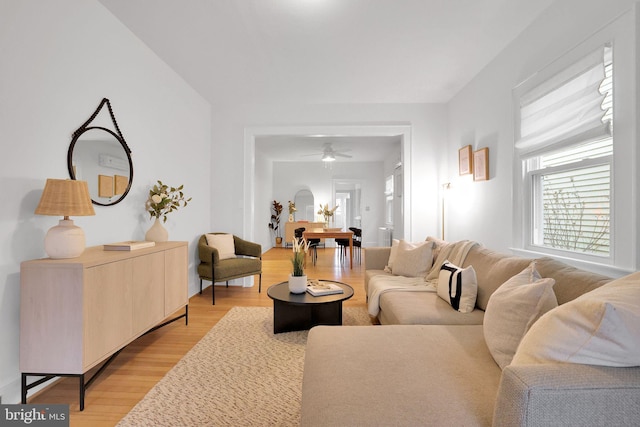 living room with a ceiling fan and light wood-style floors