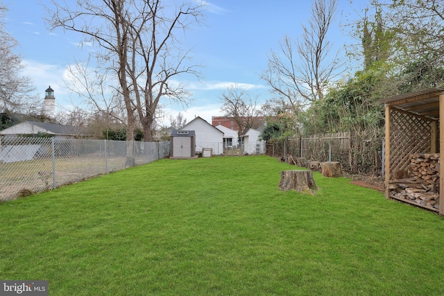 view of yard featuring a fenced backyard, an outdoor structure, and a storage unit