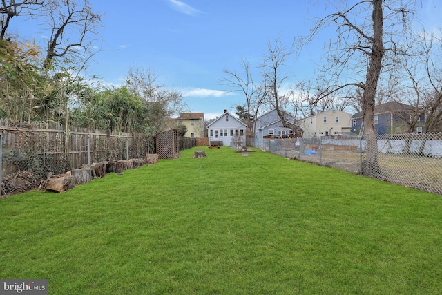 view of yard featuring a fenced backyard and a residential view