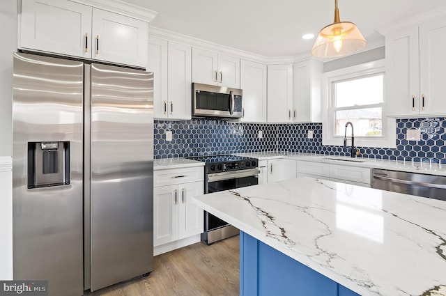 kitchen with appliances with stainless steel finishes, white cabinets, a sink, and backsplash