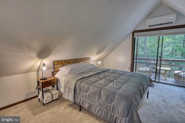 bedroom featuring carpet, baseboards, access to outside, and an AC wall unit