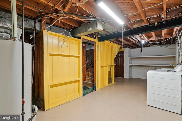 unfinished below grade area featuring stairway and gas water heater