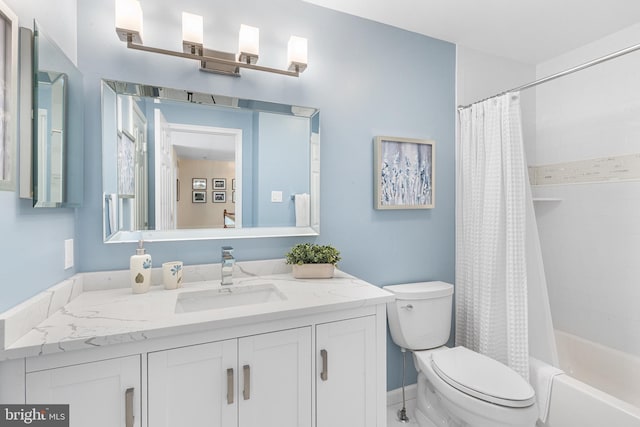 full bath with toilet, vanity, and shower / tub combo with curtain