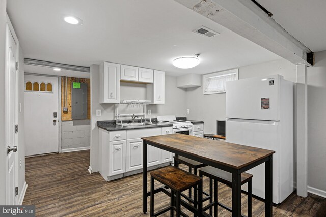 kitchen featuring visible vents, dark wood-type flooring, electric panel, white cabinetry, and white appliances