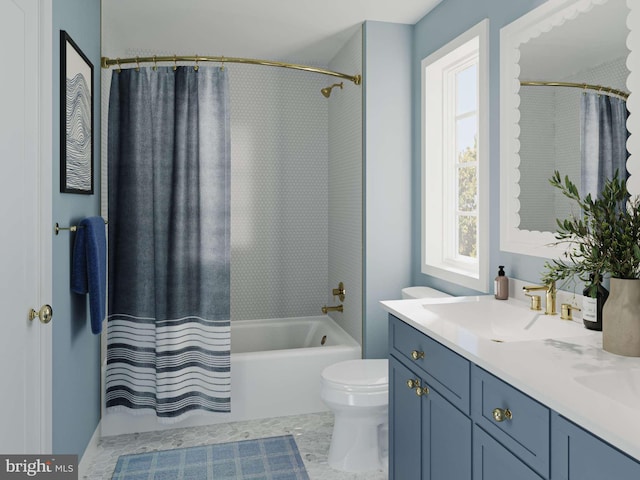 bathroom with shower / bath combo, vanity, and toilet