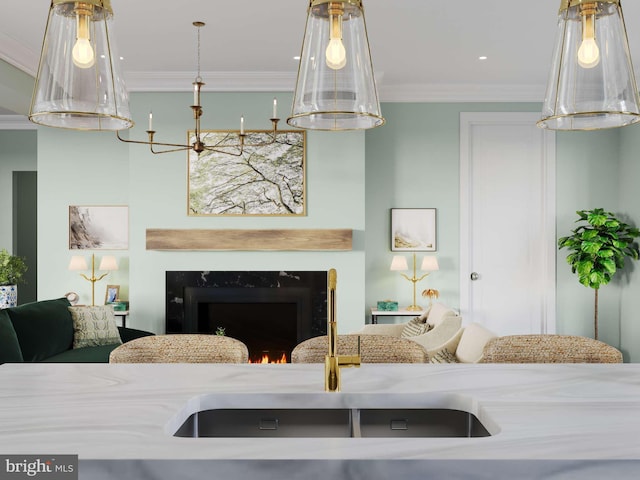 living room featuring ornamental molding and a fireplace