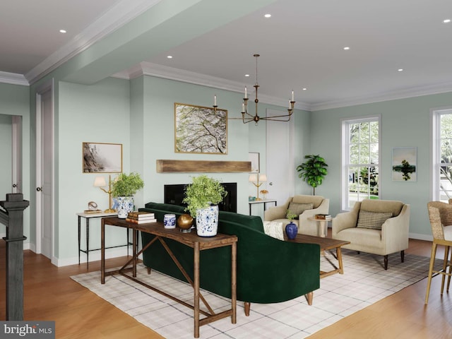 living room featuring a notable chandelier, crown molding, recessed lighting, wood finished floors, and baseboards