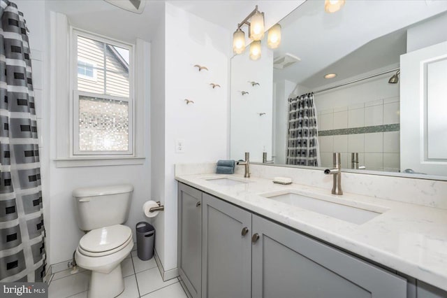 full bath with curtained shower, double vanity, toilet, and a sink