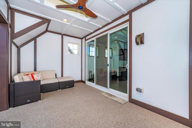 unfurnished sunroom with beam ceiling, coffered ceiling, and ceiling fan