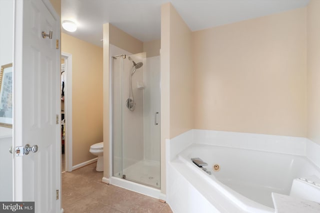 full bath with a bath, tile patterned flooring, a stall shower, and toilet