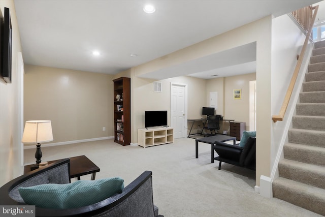 living area featuring visible vents, light carpet, recessed lighting, stairway, and baseboards