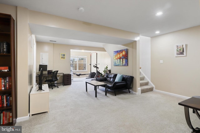 living room with carpet flooring, recessed lighting, stairs, and baseboards