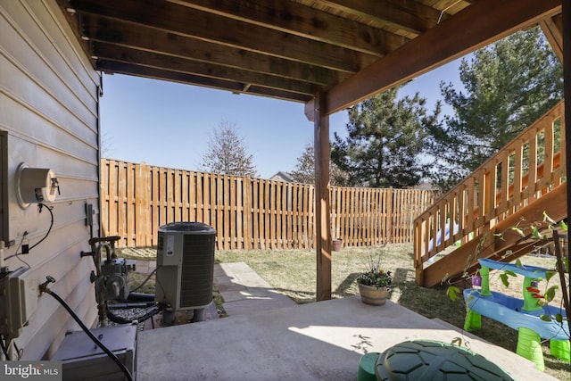 view of patio / terrace with central AC and a fenced backyard