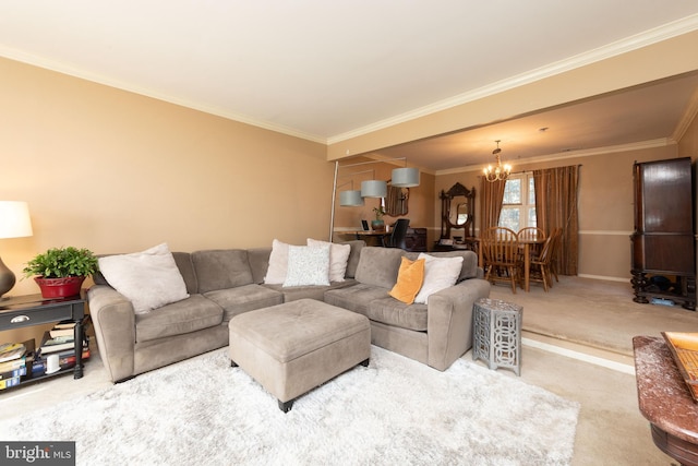 carpeted living area featuring crown molding, baseboards, and an inviting chandelier