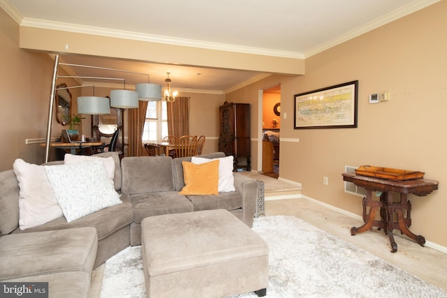 living area with an inviting chandelier, carpet, baseboards, and crown molding