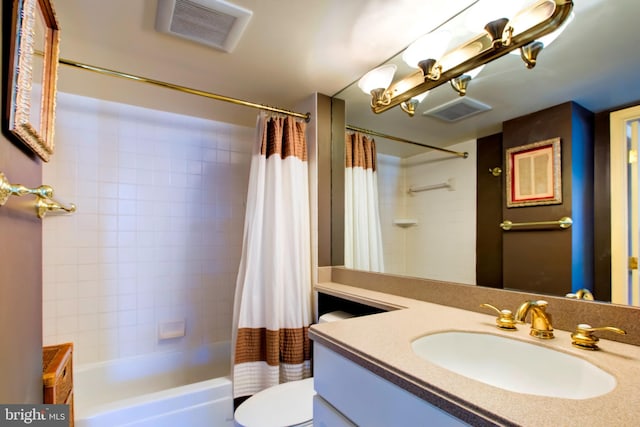 bathroom featuring toilet, shower / bath combo, visible vents, and vanity