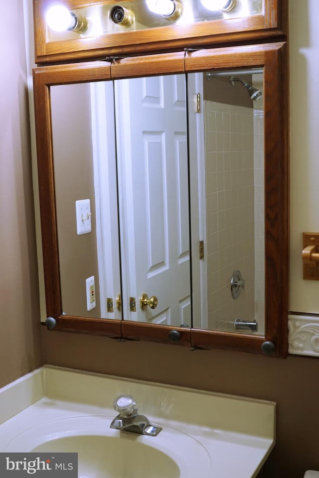 bathroom with walk in shower and a sink