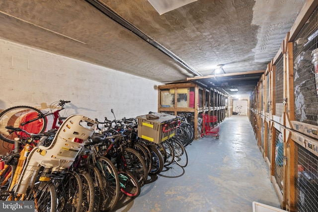 interior space featuring bike storage and concrete block wall