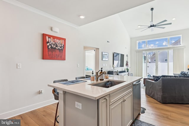 kitchen featuring light wood finished floors, open floor plan, an island with sink, and a sink