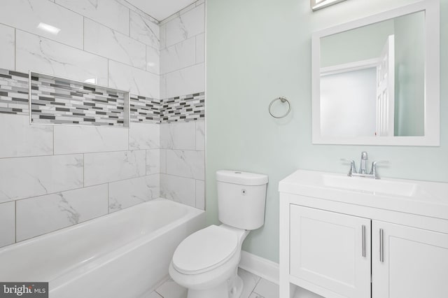 bathroom featuring baseboards, toilet, marble finish floor, vanity, and washtub / shower combination