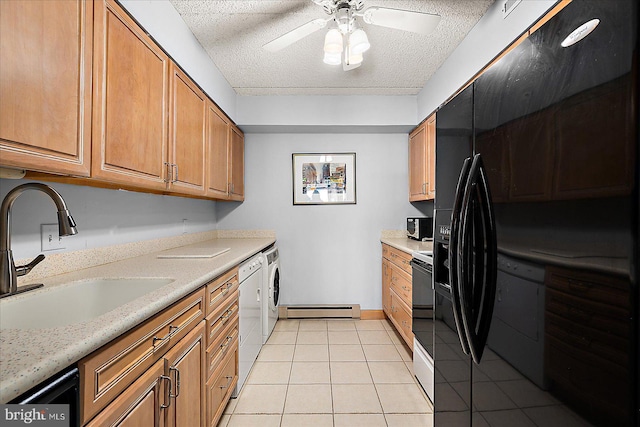 10000 Coastal Hwy Unit 1208, Ocean City, MD 21842 - kitchen featuring a sink, a baseboard heating unit, a textured ceiling, white dishwasher, and black refrigerator with ice dispenser