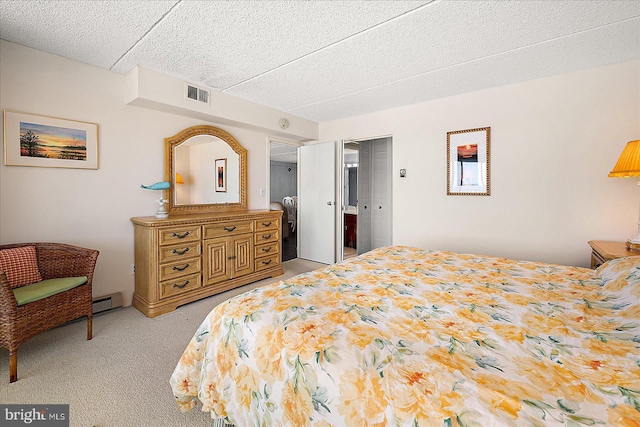 10000 Coastal Hwy Unit 1208, Ocean City, MD 21842 - bedroom featuring visible vents, light carpet, baseboard heating, and a textured ceiling