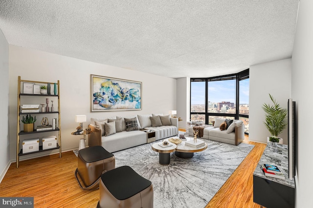 living room with a textured ceiling, a city view, baseboards, expansive windows, and light wood finished floors