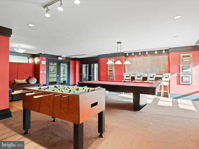 game room featuring recessed lighting, track lighting, and pool table