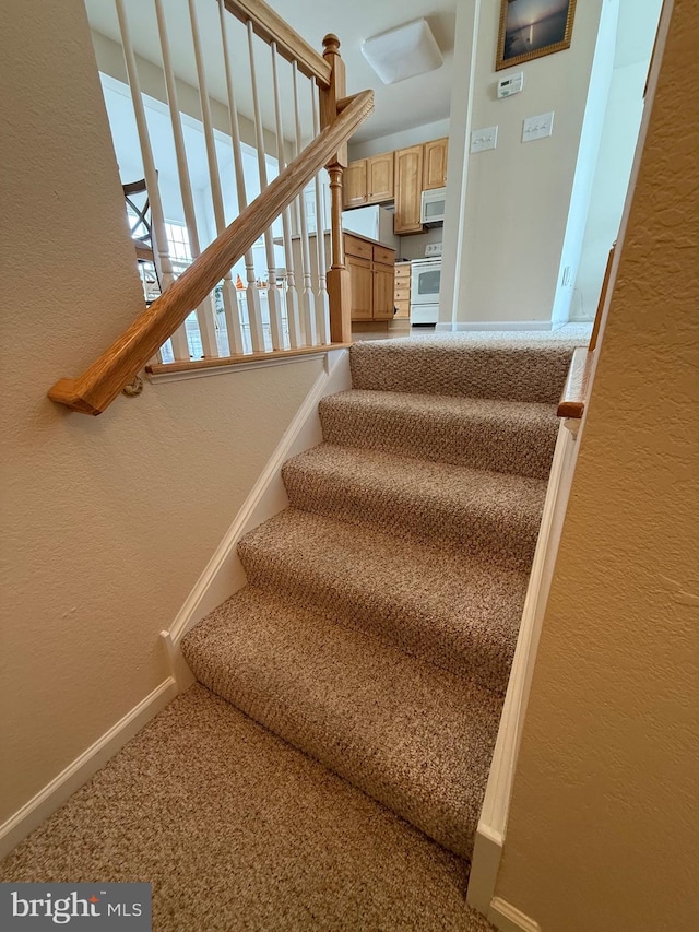 stairs with baseboards, carpet flooring, and a textured wall