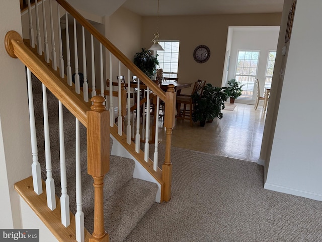 stairway with plenty of natural light, carpet flooring, and baseboards