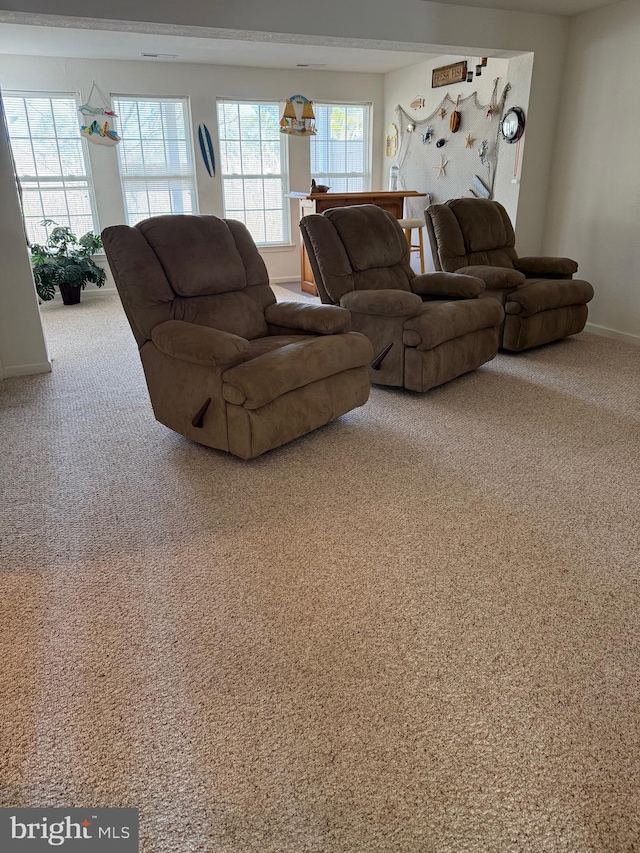 living room featuring carpet floors and baseboards