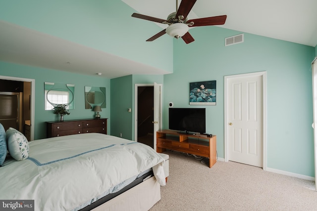 bedroom with visible vents, lofted ceiling, carpet floors, baseboards, and ceiling fan