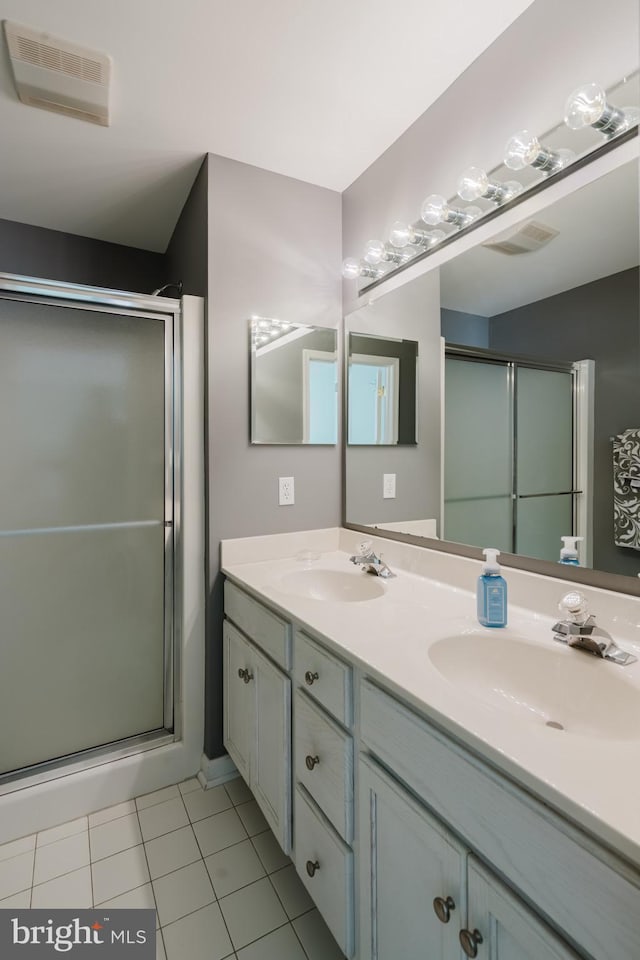 bathroom with double vanity, a stall shower, visible vents, and a sink