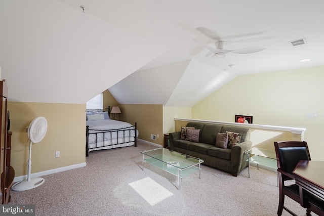 bedroom featuring carpet, baseboards, visible vents, ceiling fan, and vaulted ceiling