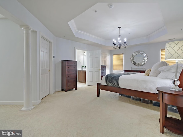 bedroom featuring light carpet, ornate columns, and a raised ceiling