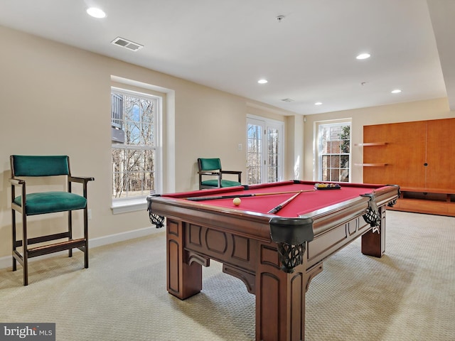 game room featuring light carpet, baseboards, visible vents, and recessed lighting