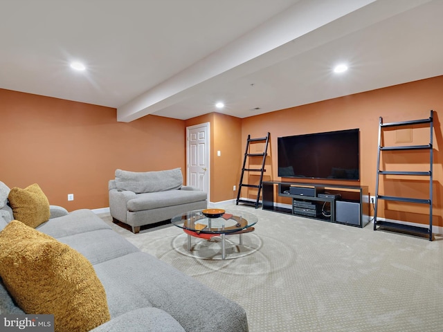 living room with baseboards, carpet floors, beam ceiling, and recessed lighting