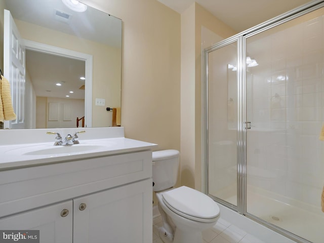 full bath with tile patterned flooring, toilet, vanity, visible vents, and a shower stall