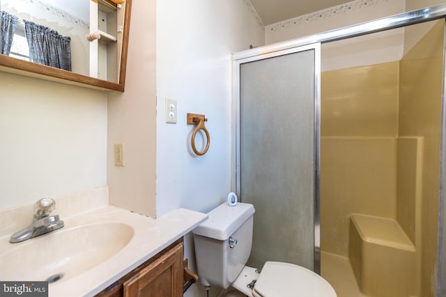 full bathroom with vanity, toilet, and a shower stall