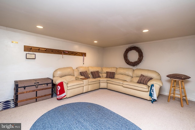 living area with recessed lighting, crown molding, and carpet