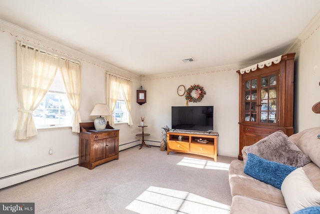 living area featuring light carpet, visible vents, a baseboard heating unit, and ornamental molding