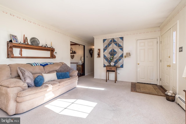 carpeted living area featuring crown molding, baseboards, and a baseboard radiator