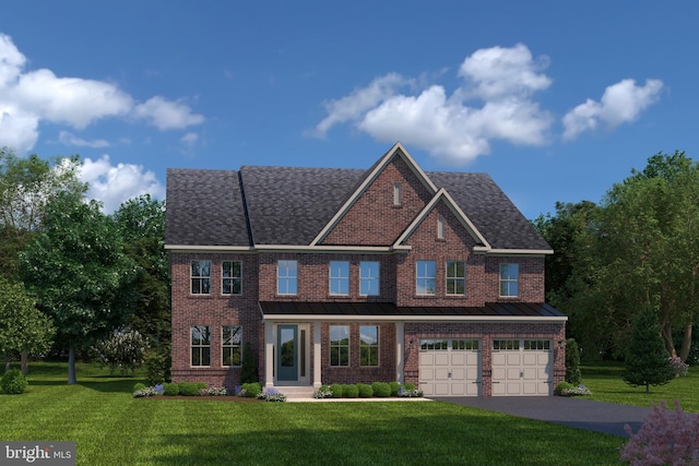 view of front of home with a front lawn, brick siding, and aphalt driveway