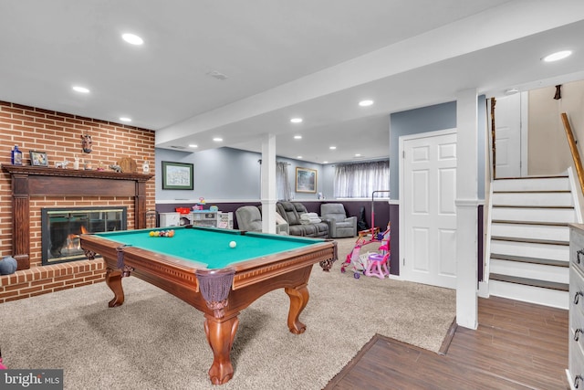 game room featuring billiards, a fireplace, wood finished floors, and recessed lighting